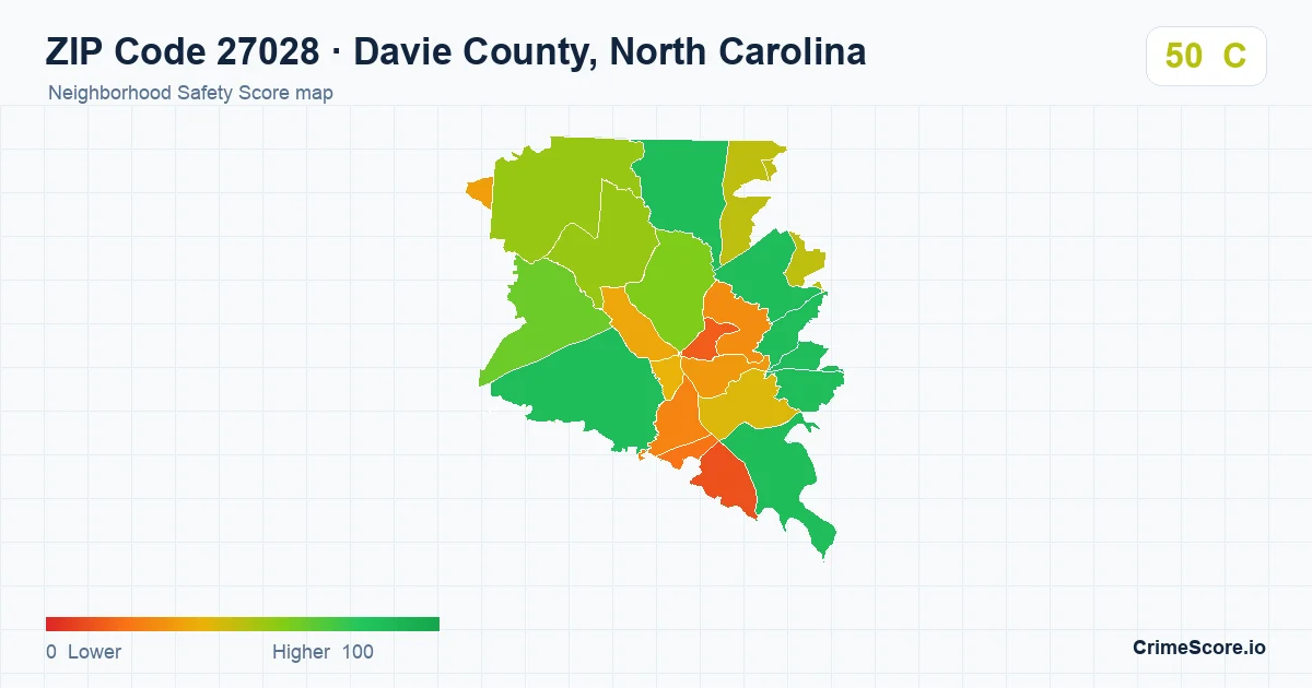 ZIP Code 27028 in Davie County, North Carolina neighborhood Safety Score map