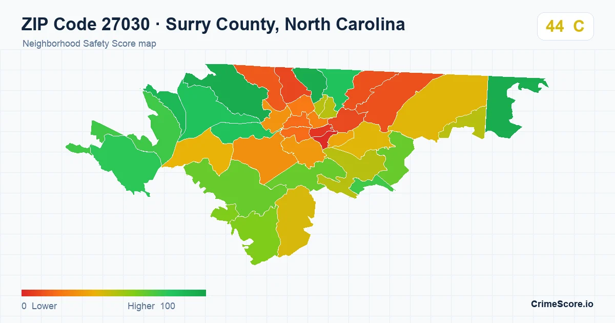 ZIP Code 27030 in Surry County, North Carolina neighborhood Safety Score map