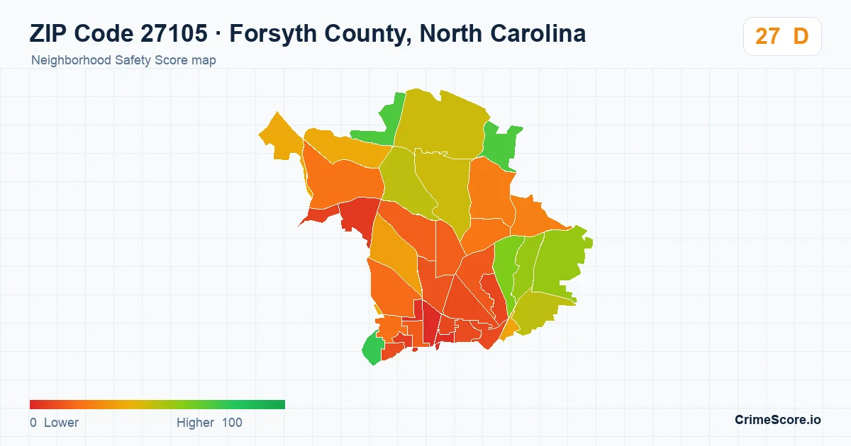 ZIP Code 27105 in Forsyth County, North Carolina neighborhood Safety Score map