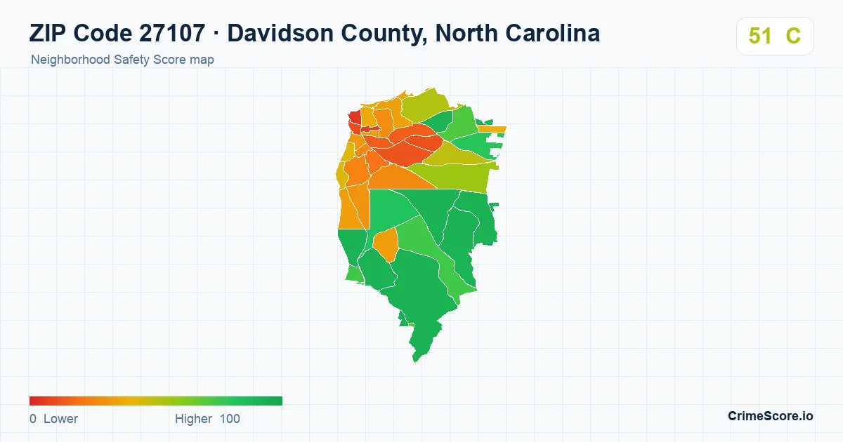 ZIP Code 27107 in Davidson County, North Carolina neighborhood Safety Score map