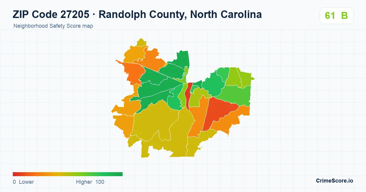 ZIP Code 27205 in Randolph County, North Carolina neighborhood Safety Score map