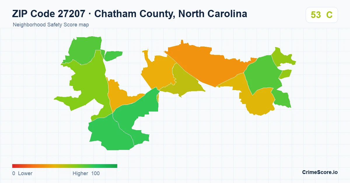 ZIP Code 27207 in Chatham County, North Carolina neighborhood Safety Score map