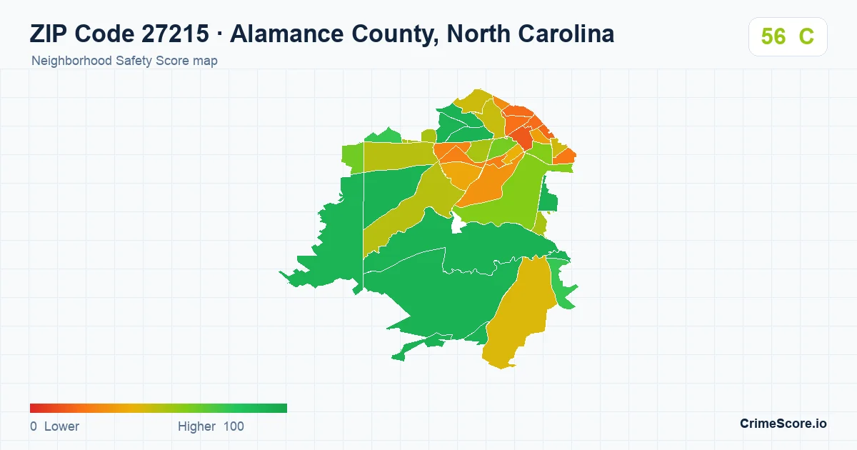 ZIP Code 27215 in Alamance County, North Carolina neighborhood Safety Score map