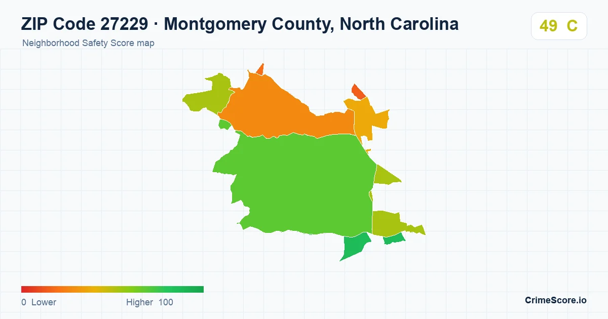 ZIP Code 27229 in Montgomery County, North Carolina neighborhood Safety Score map