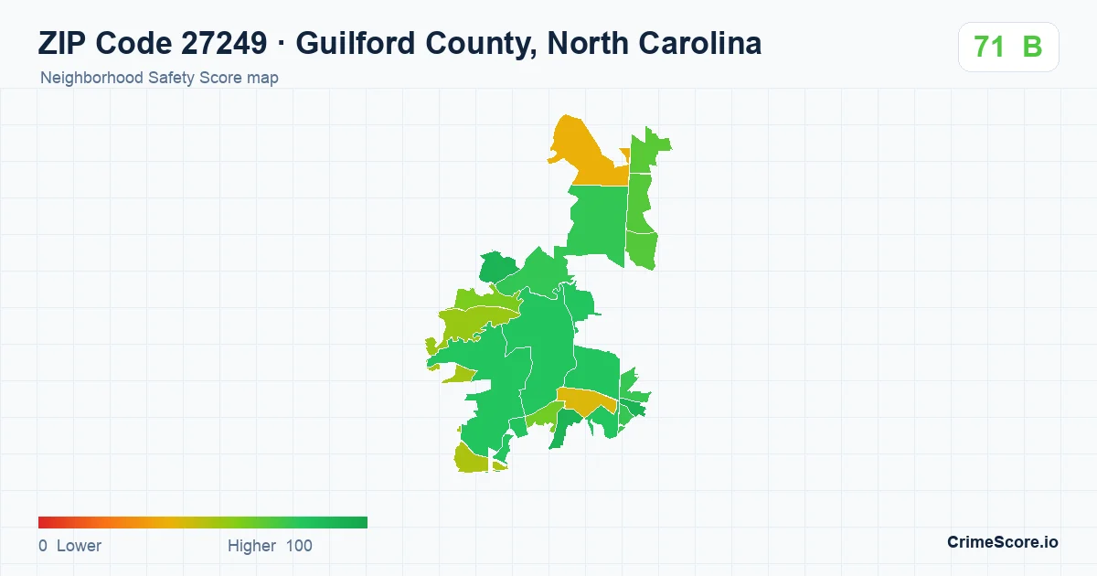 ZIP Code 27249 in Guilford County, North Carolina neighborhood Safety Score map