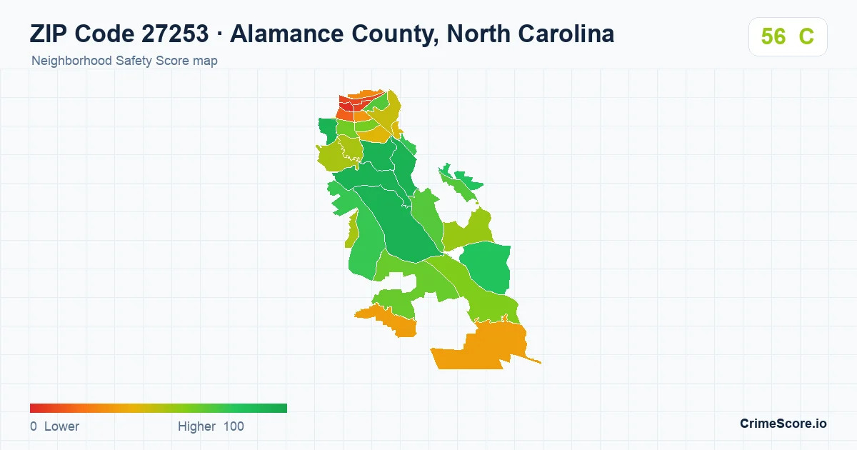 ZIP Code 27253 in Alamance County, North Carolina neighborhood Safety Score map