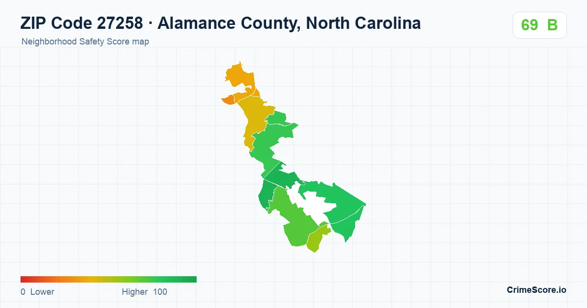 ZIP Code 27258 in Alamance County, North Carolina neighborhood Safety Score map