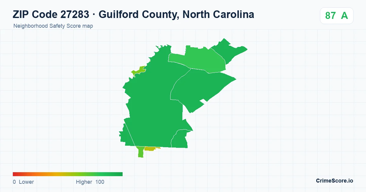 ZIP Code 27283 in Guilford County, North Carolina neighborhood Safety Score map