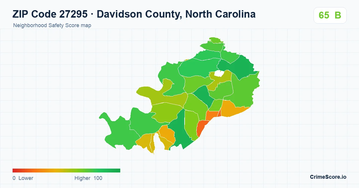 ZIP Code 27295 in Davidson County, North Carolina neighborhood Safety Score map