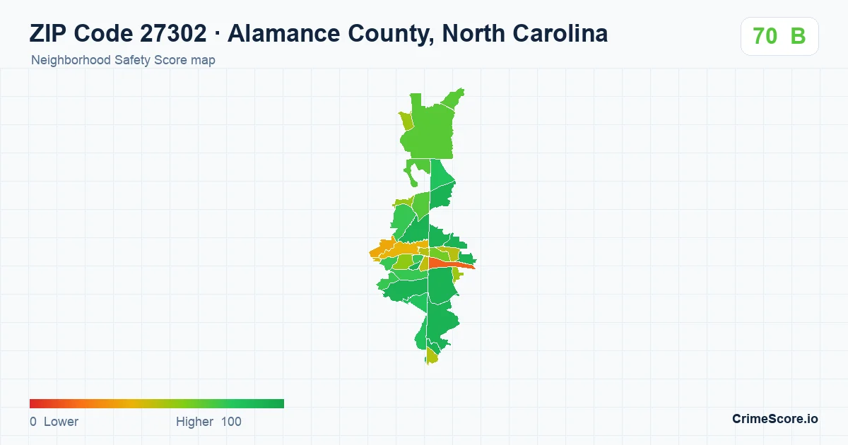 ZIP Code 27302 in Alamance County, North Carolina neighborhood Safety Score map