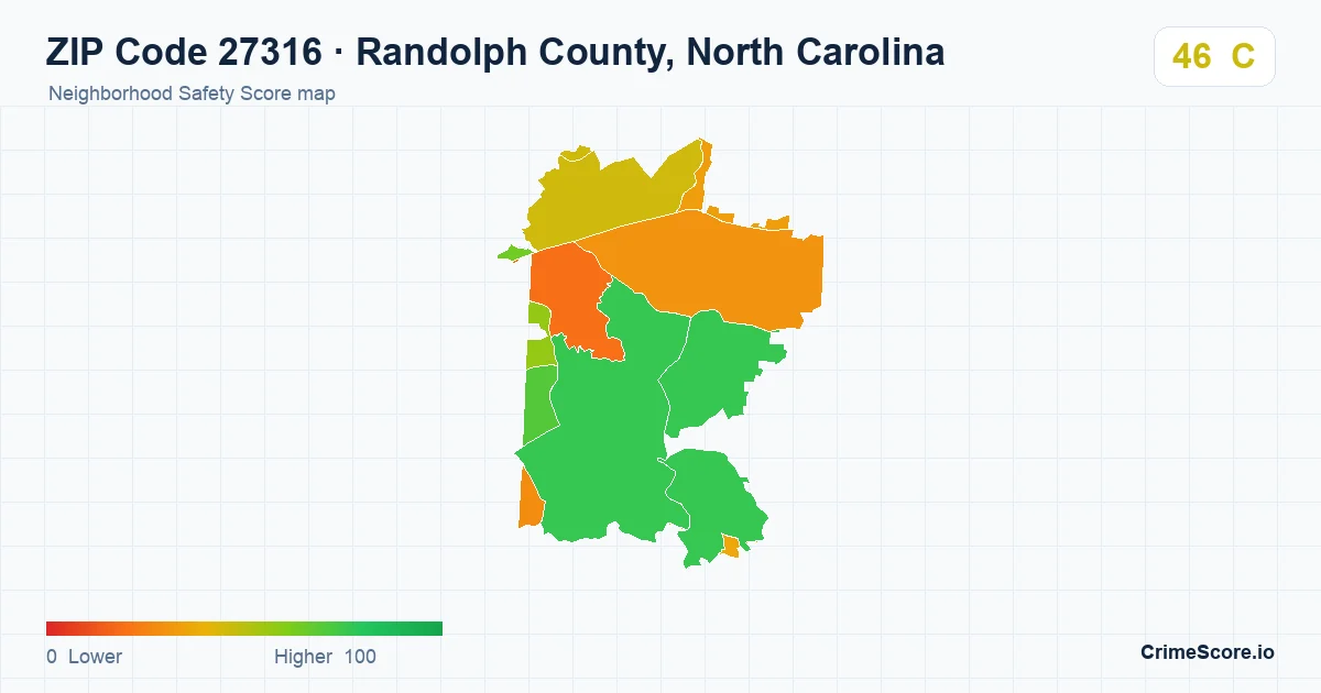 ZIP Code 27316 in Randolph County, North Carolina neighborhood Safety Score map