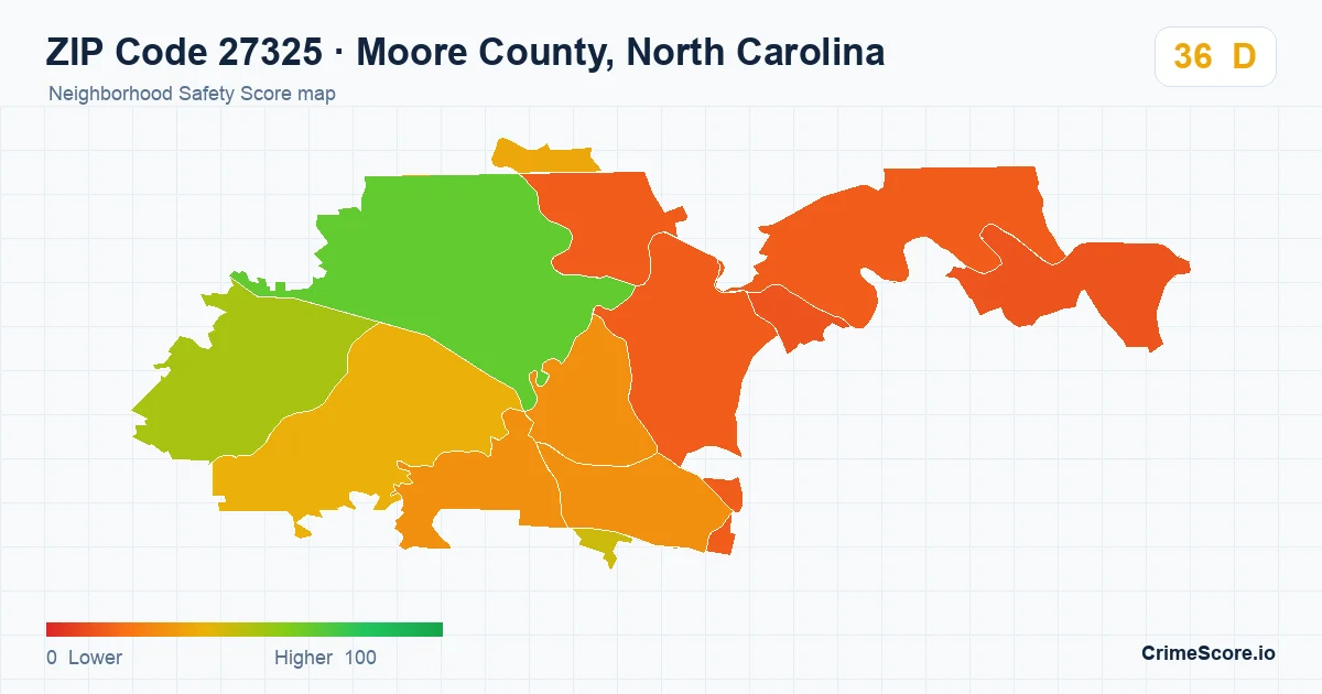 ZIP Code 27325 in Moore County, North Carolina neighborhood Safety Score map