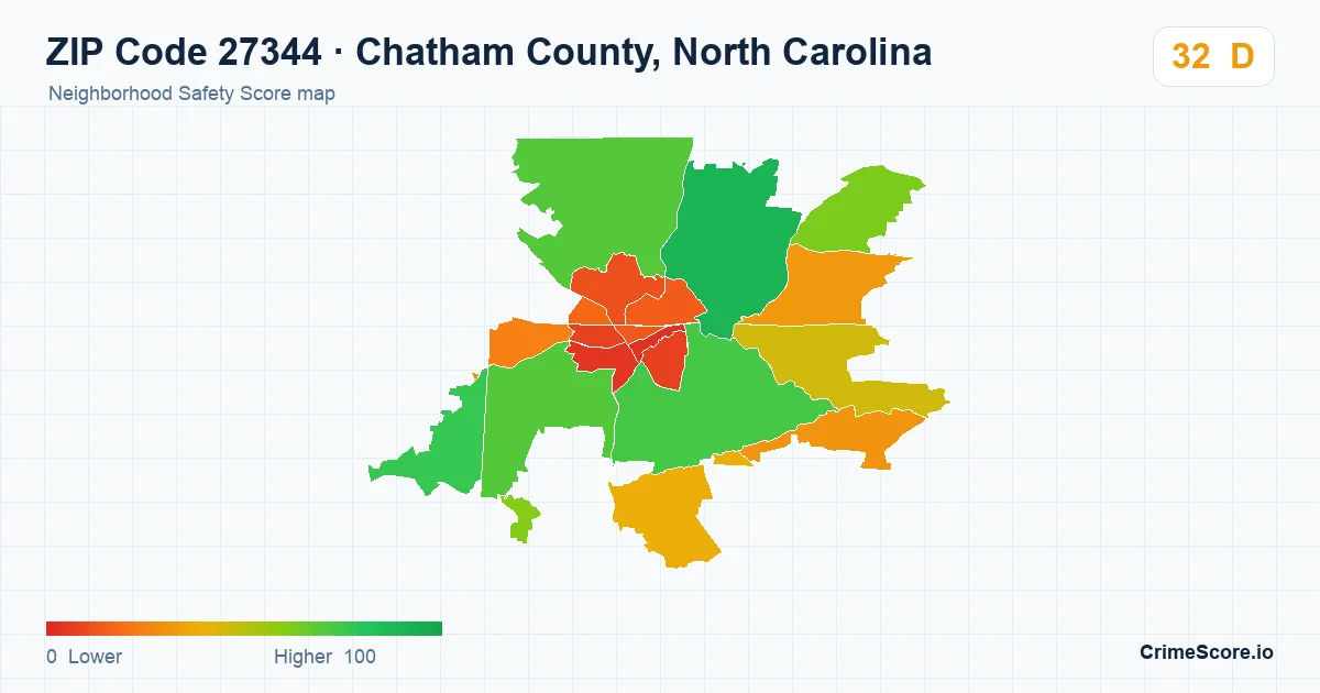 ZIP Code 27344 in Chatham County, North Carolina neighborhood Safety Score map