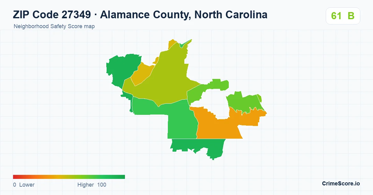 ZIP Code 27349 in Alamance County, North Carolina neighborhood Safety Score map
