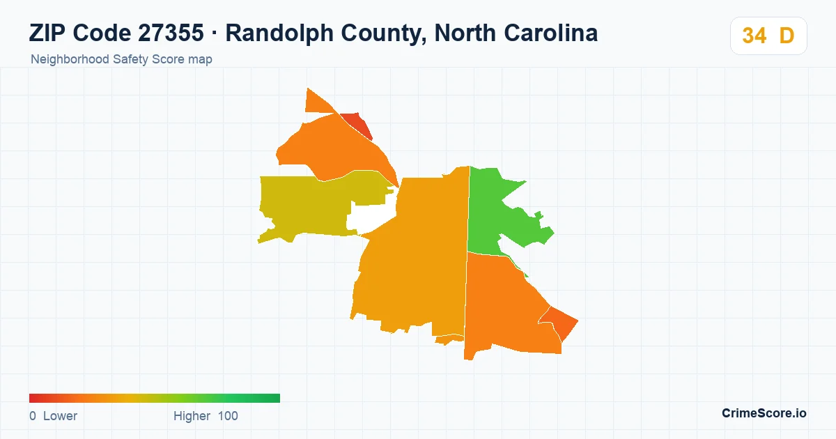 ZIP Code 27355 in Randolph County, North Carolina neighborhood Safety Score map