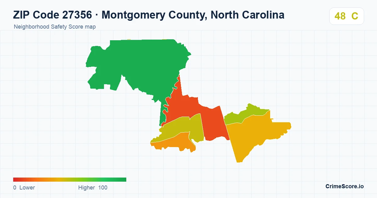 ZIP Code 27356 in Montgomery County, North Carolina neighborhood Safety Score map