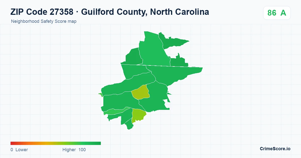 ZIP Code 27358 in Guilford County, North Carolina neighborhood Safety Score map