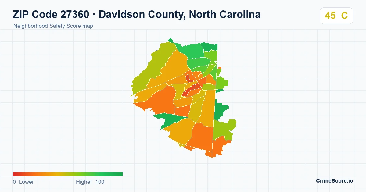 ZIP Code 27360 in Davidson County, North Carolina neighborhood Safety Score map