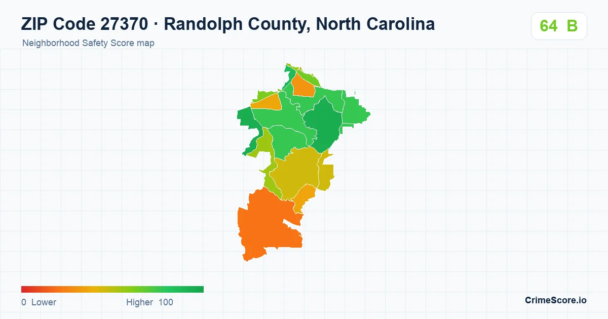ZIP Code 27370 in Randolph County, North Carolina neighborhood Safety Score map