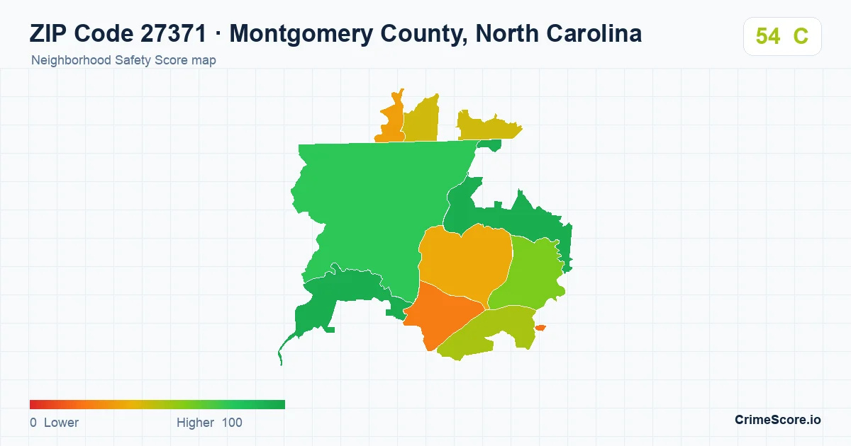 ZIP Code 27371 in Montgomery County, North Carolina neighborhood Safety Score map