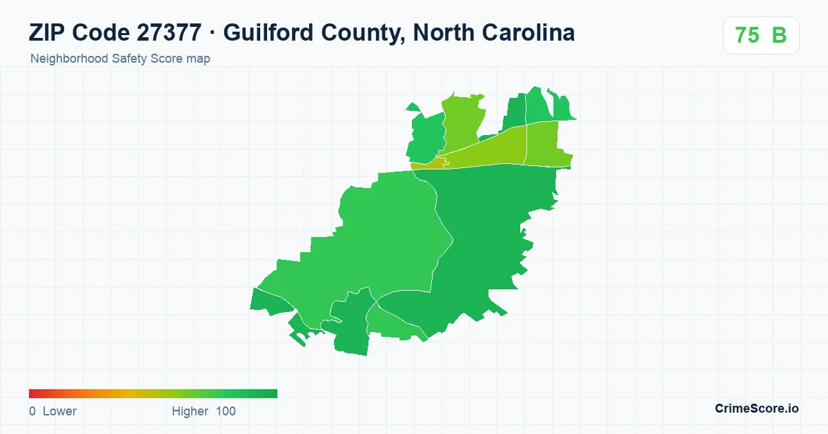 ZIP Code 27377 in Guilford County, North Carolina neighborhood Safety Score map