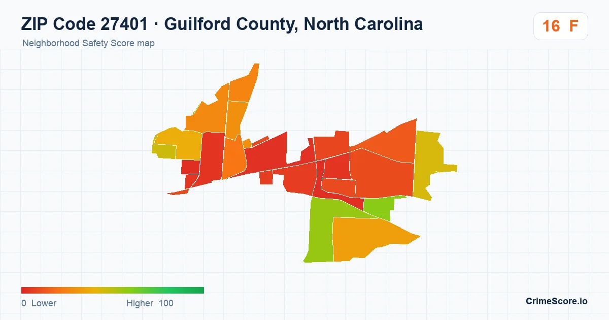 ZIP Code 27401 in Guilford County, North Carolina neighborhood Safety Score map