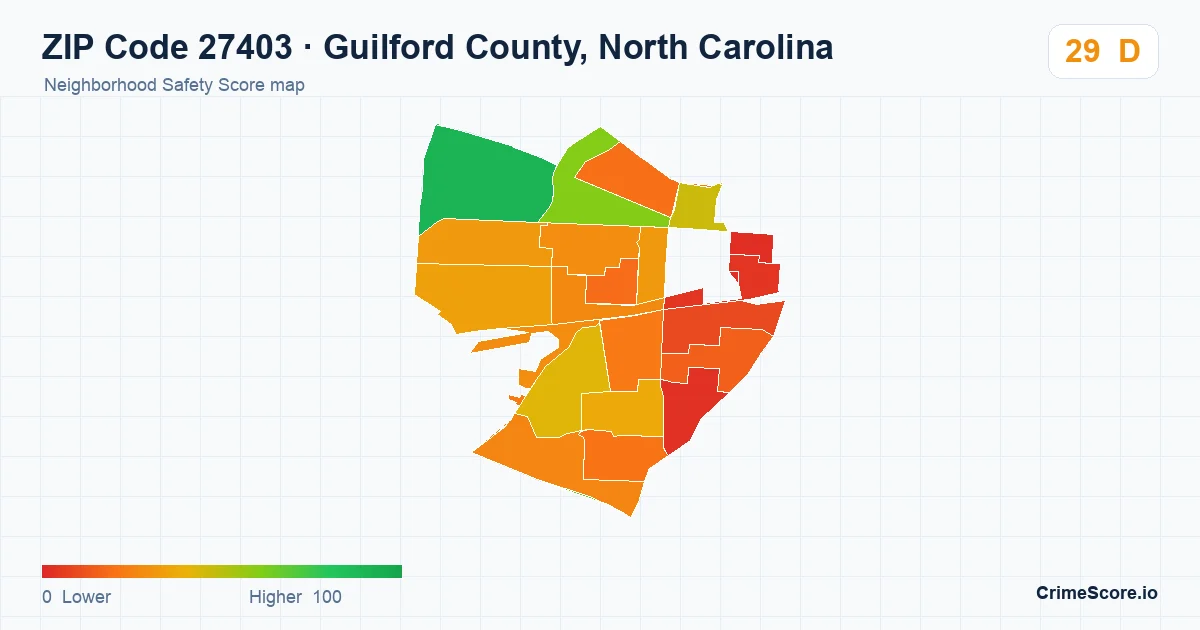 ZIP Code 27403 in Guilford County, North Carolina neighborhood Safety Score map