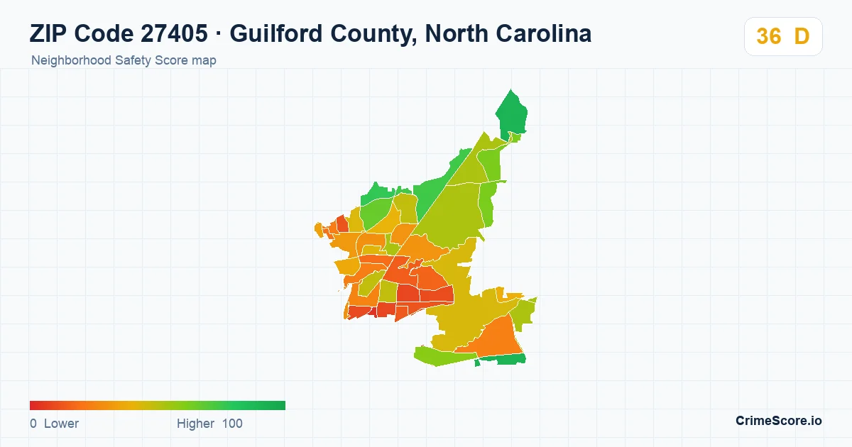 ZIP Code 27405 in Guilford County, North Carolina neighborhood Safety Score map