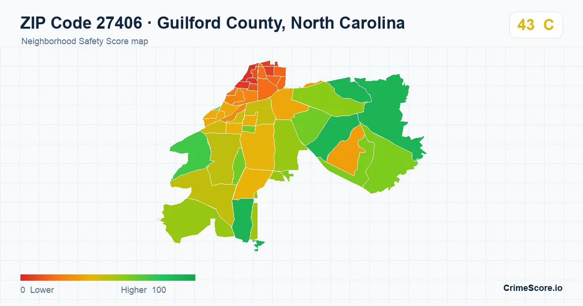 ZIP Code 27406 in Guilford County, North Carolina neighborhood Safety Score map