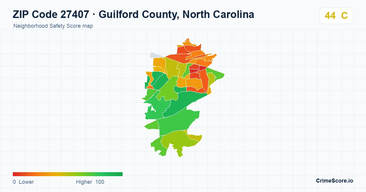 ZIP Code 27407 in Guilford County, North Carolina neighborhood Safety Score map