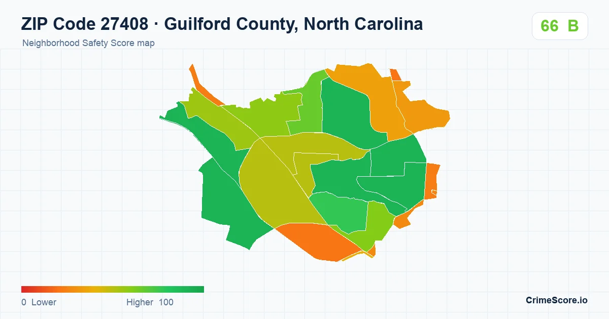 ZIP Code 27408 in Guilford County, North Carolina neighborhood Safety Score map