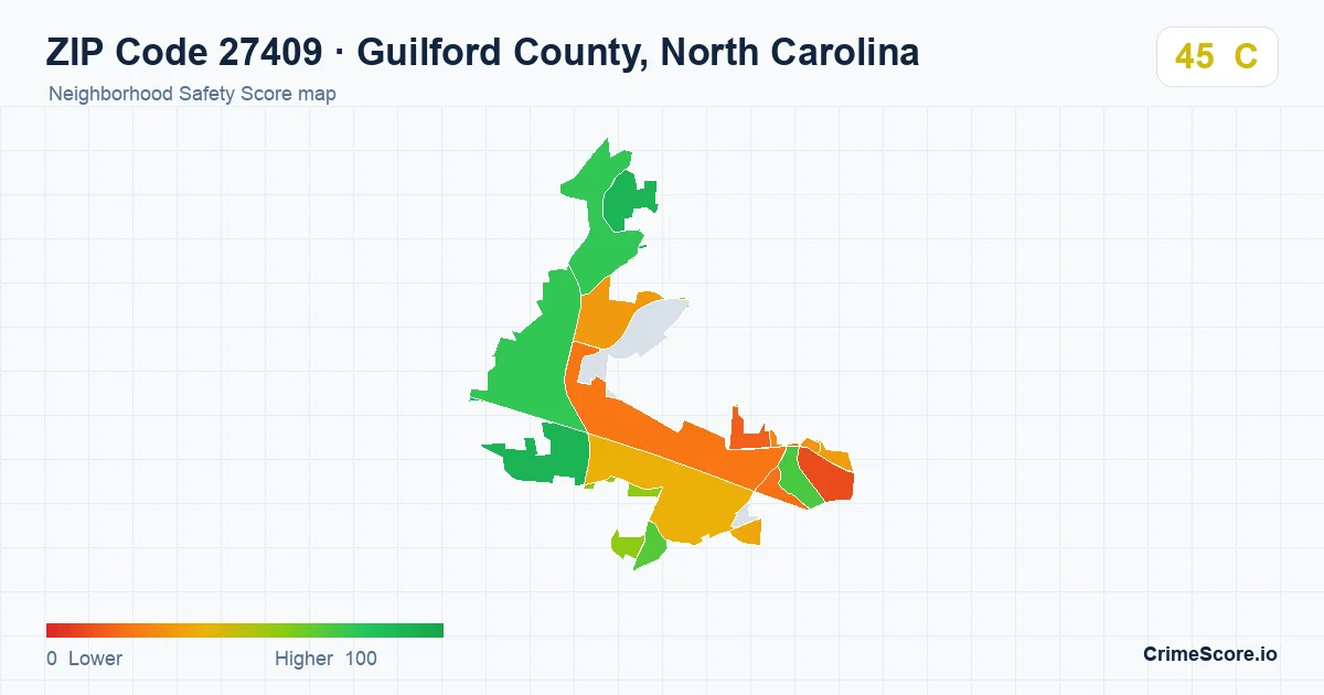 ZIP Code 27409 in Guilford County, North Carolina neighborhood Safety Score map