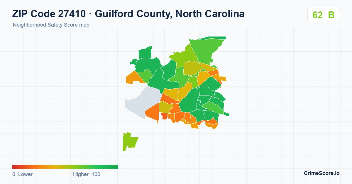 ZIP Code 27410 in Guilford County, North Carolina neighborhood Safety Score map