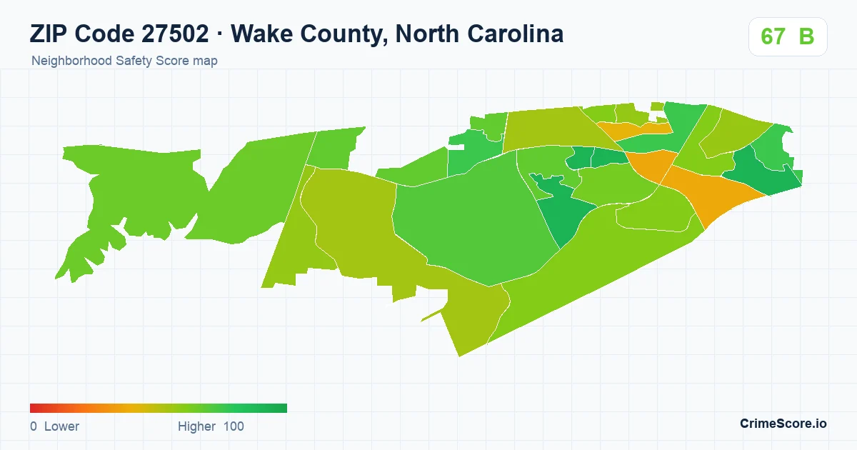 ZIP Code 27502 in Wake County, North Carolina neighborhood Safety Score map