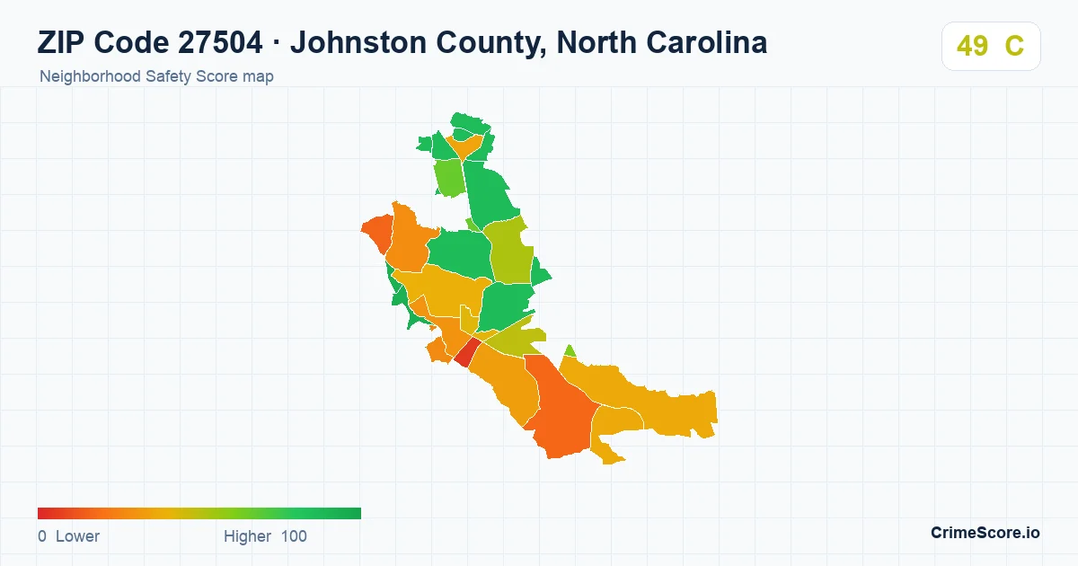 ZIP Code 27504 in Johnston County, North Carolina neighborhood Safety Score map