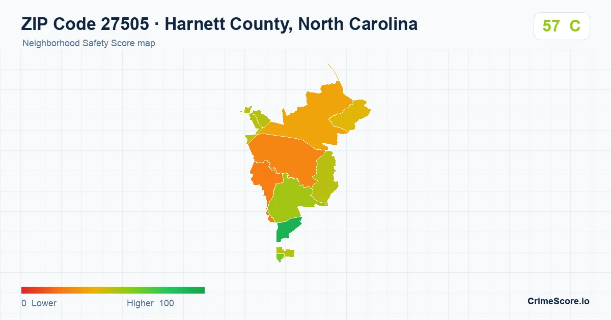 ZIP Code 27505 in Harnett County, North Carolina neighborhood Safety Score map