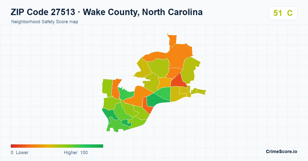 ZIP Code 27513 in Wake County, North Carolina neighborhood Safety Score map
