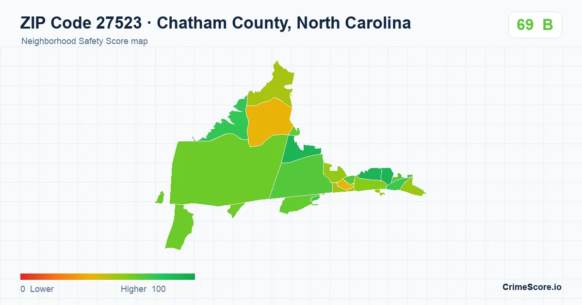ZIP Code 27523 in Chatham County, North Carolina neighborhood Safety Score map