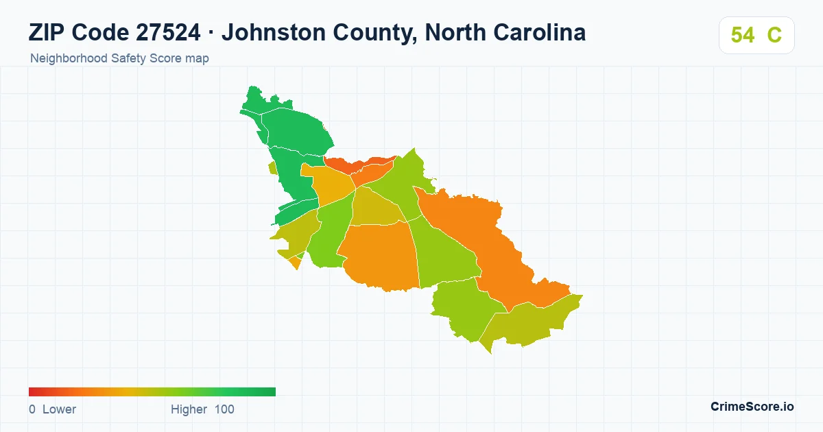 ZIP Code 27524 in Johnston County, North Carolina neighborhood Safety Score map