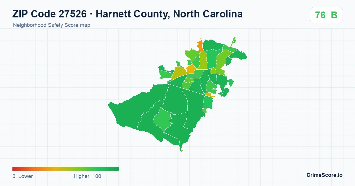 ZIP Code 27526 in Harnett County, North Carolina neighborhood Safety Score map