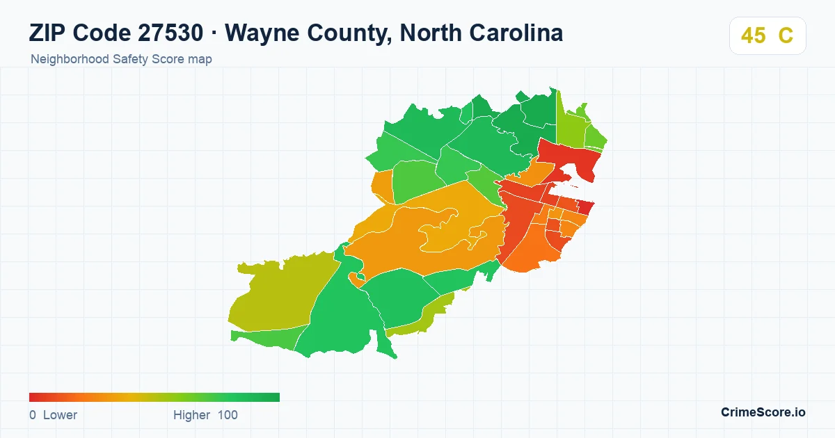 ZIP Code 27530 in Wayne County, North Carolina neighborhood Safety Score map