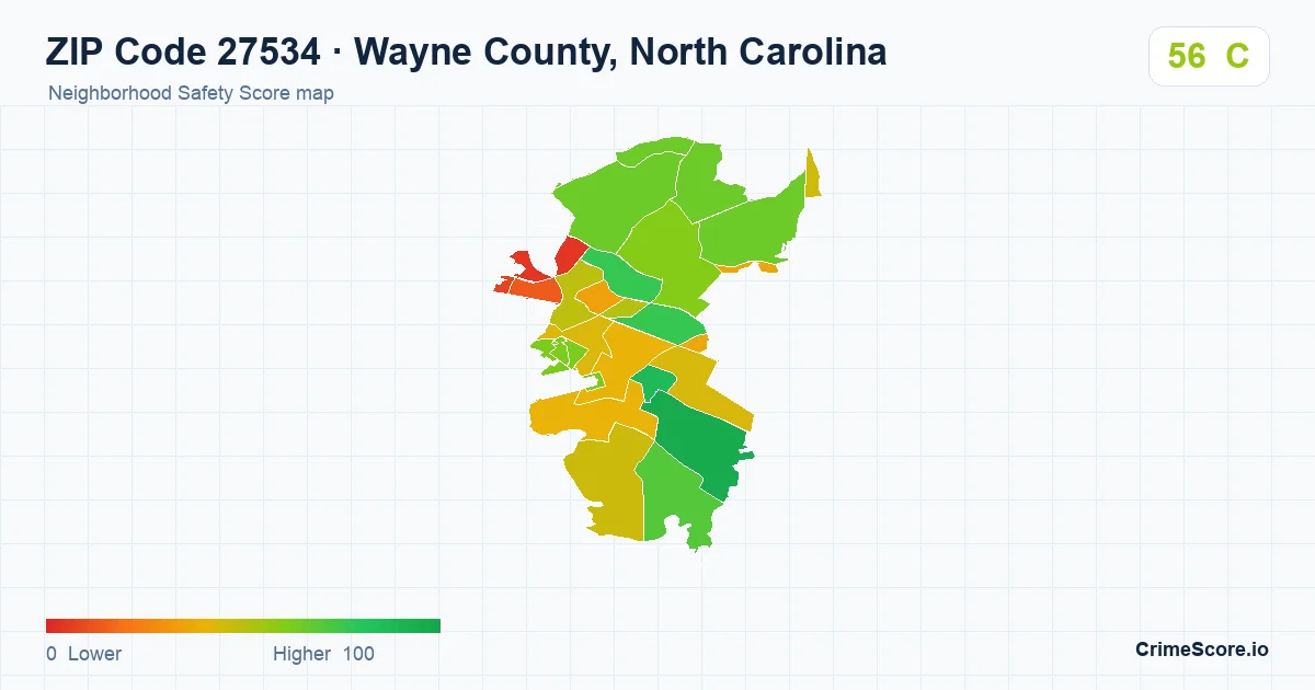 ZIP Code 27534 in Wayne County, North Carolina neighborhood Safety Score map