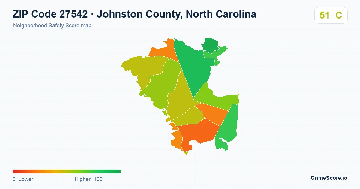 ZIP Code 27542 in Johnston County, North Carolina neighborhood Safety Score map