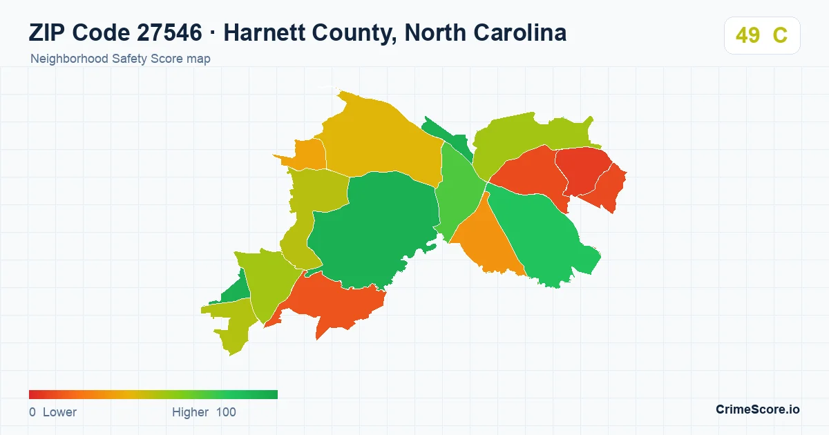 ZIP Code 27546 in Harnett County, North Carolina neighborhood Safety Score map