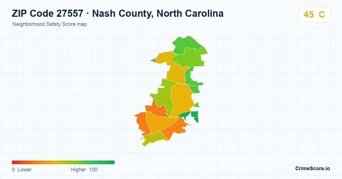 ZIP Code 27557 in Nash County, North Carolina neighborhood Safety Score map