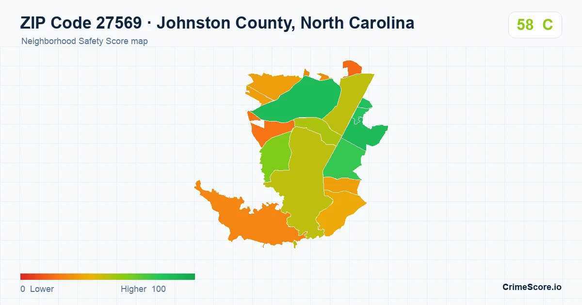 ZIP Code 27569 in Johnston County, North Carolina neighborhood Safety Score map