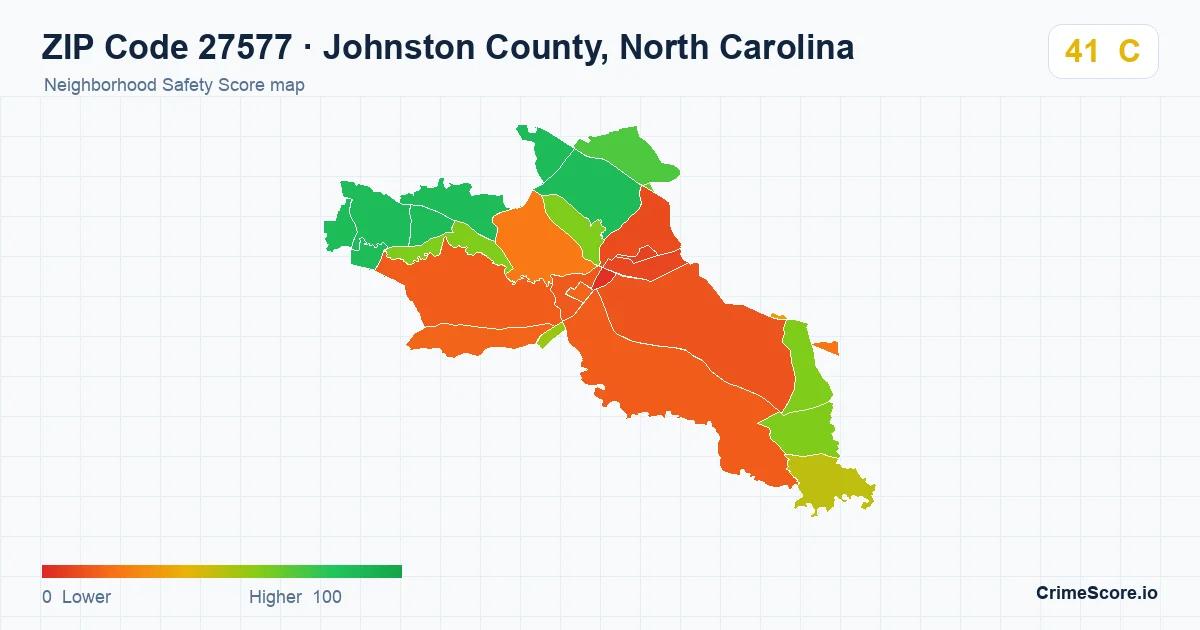 ZIP Code 27577 in Johnston County, North Carolina neighborhood Safety Score map