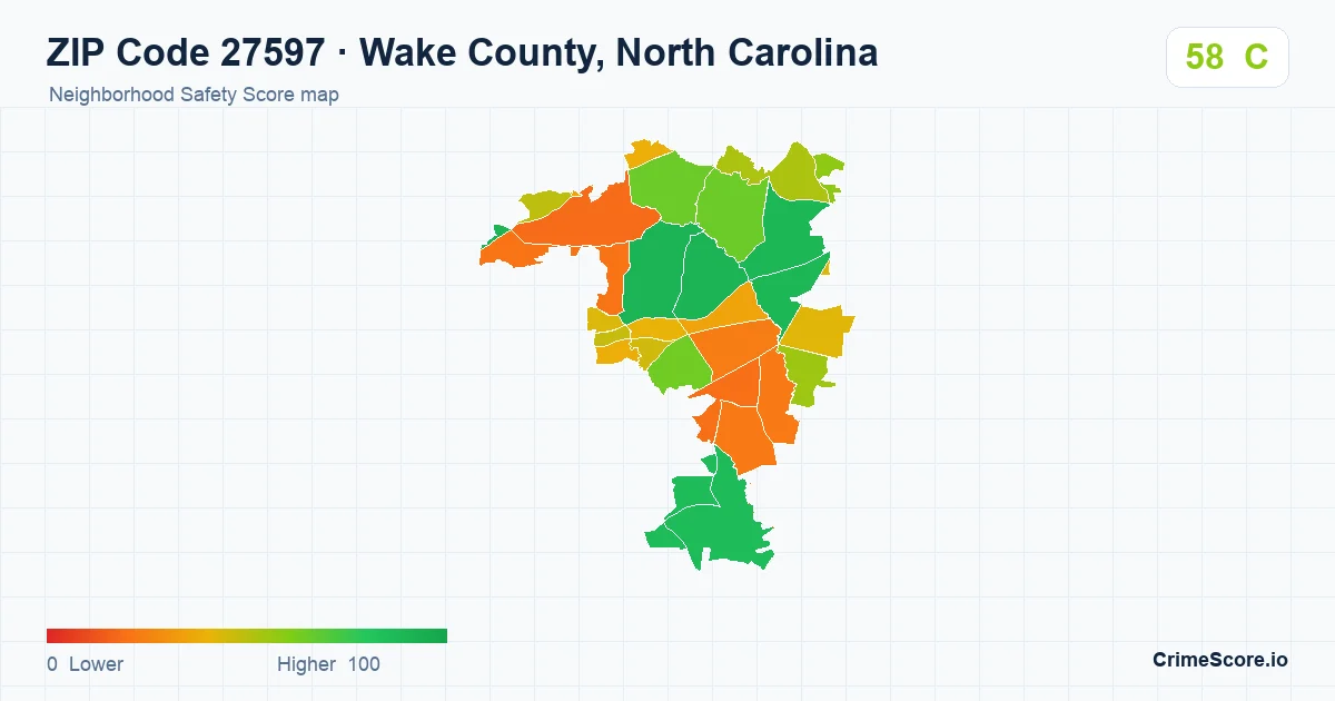 ZIP Code 27597 in Wake County, North Carolina neighborhood Safety Score map