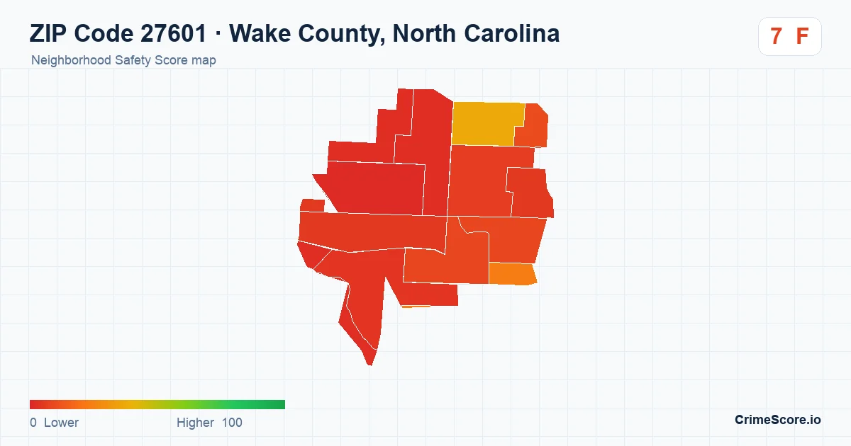 ZIP Code 27601 in Wake County, North Carolina neighborhood Safety Score map
