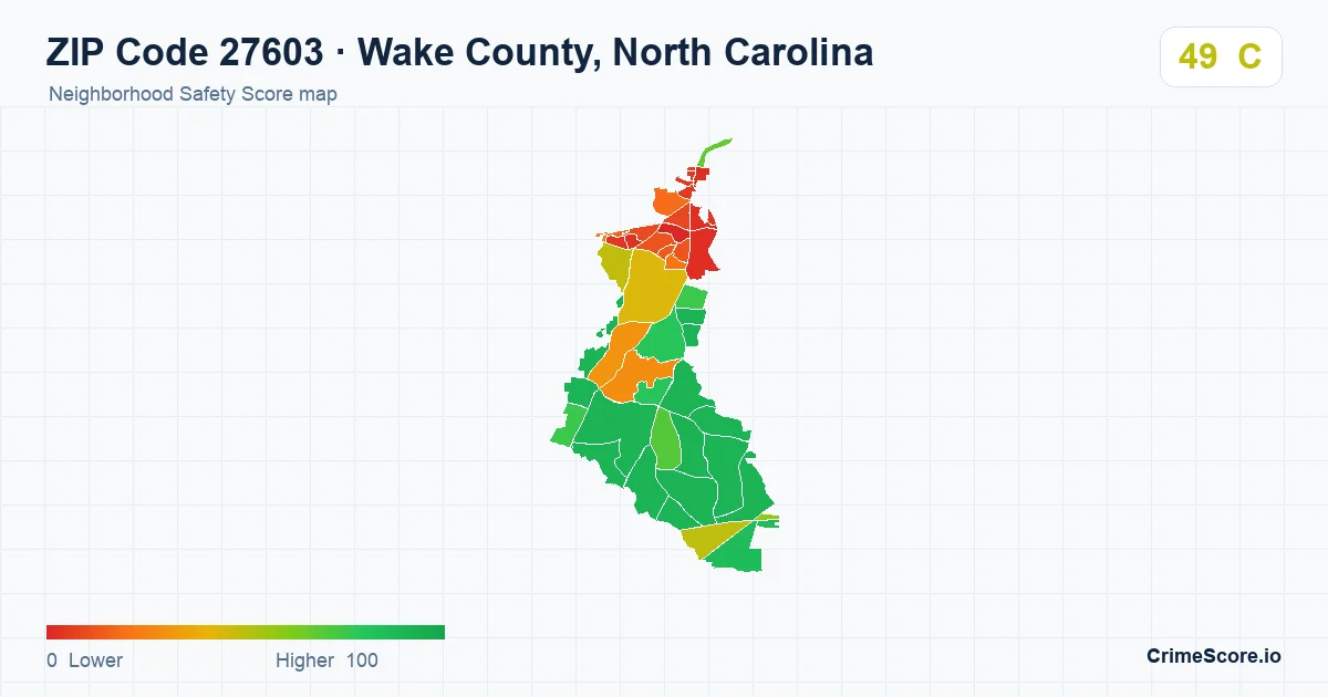 ZIP Code 27603 in Wake County, North Carolina neighborhood Safety Score map